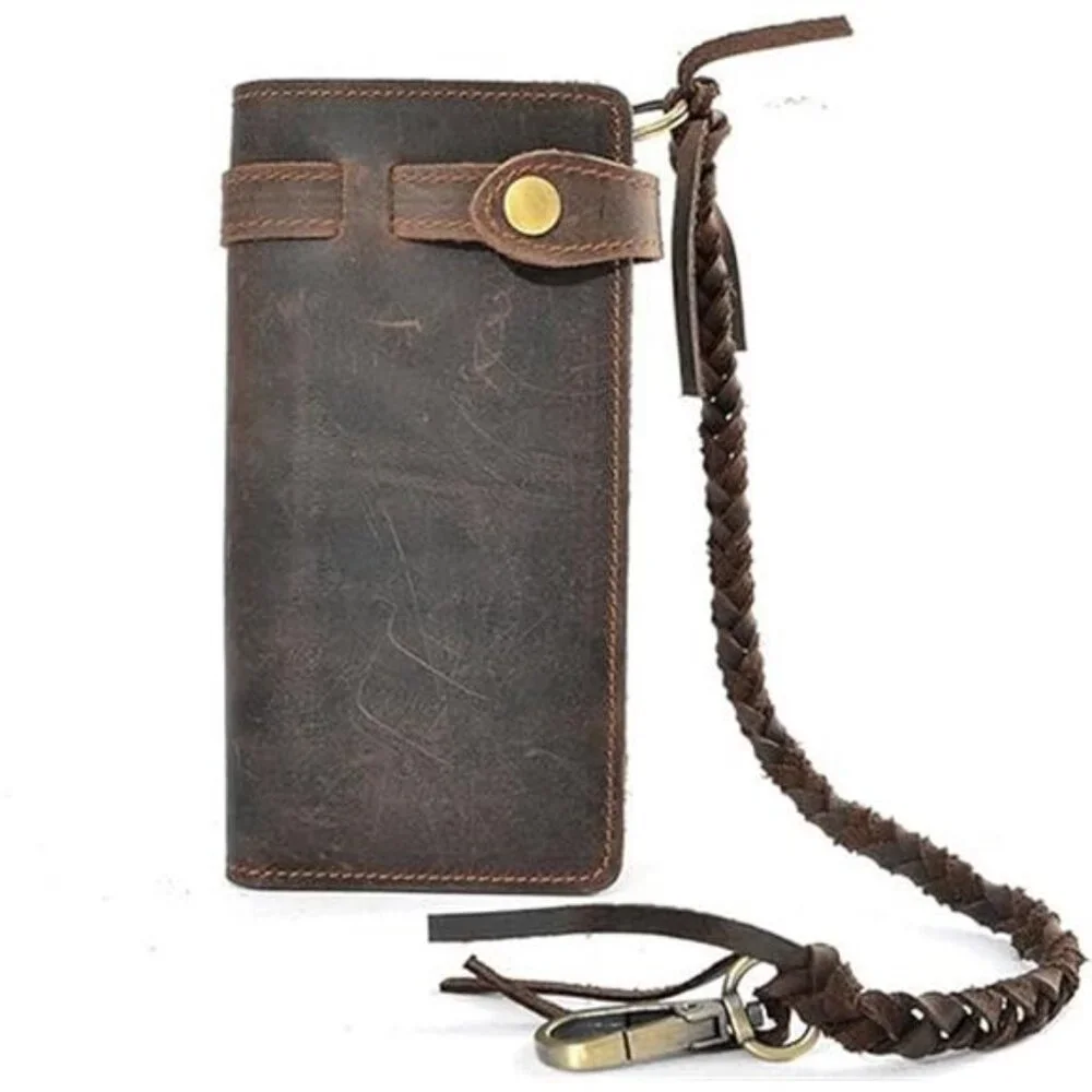 Mens Wallet with Chain Leather Long Bifold Trucker Wallet Vintage Biker Money